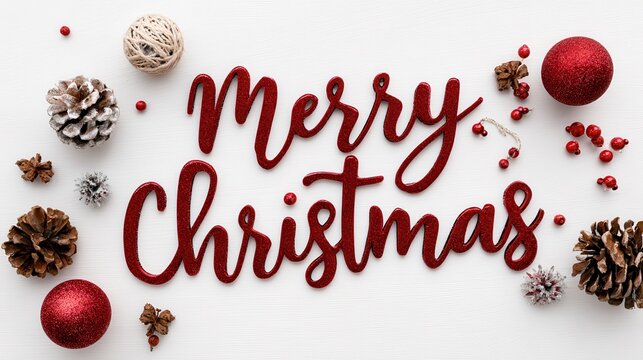 merry christmas text with decorations on white background no faces or people visible greeting card holiday text festive typography xmas message seasonal greeting card desi - Powered by Adobe