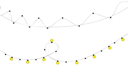 Abstract bezier curves with nodes and yellow light bulbs on path isolated on transparent background