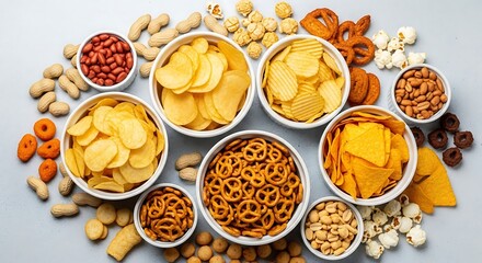 A variety of savory snacks including potato chips, pretzels, peanuts, and tortilla chips arranged in bowls and scattered around a table