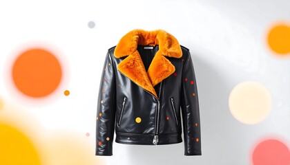 Black leather jacket with orange fur collar and decorative dots