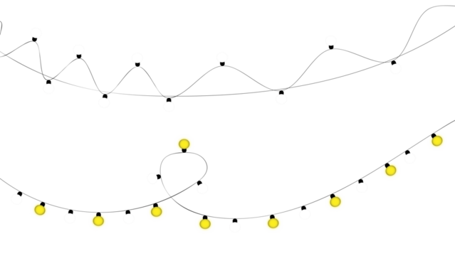 Abstract bezier curves with nodes and yellow light bulbs on path isolated on transparent background