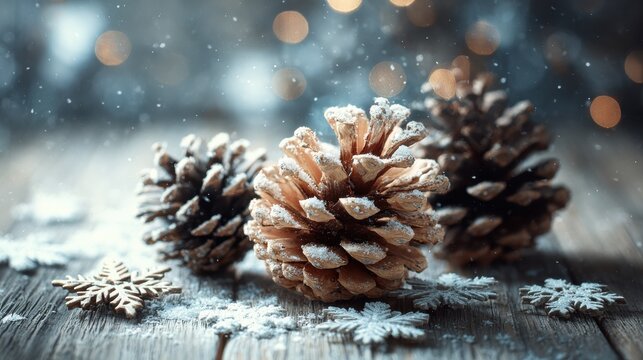 festive winter background with pine cones and snowflakes creating an enchanting atmosphere for christmas or new years festive decorations