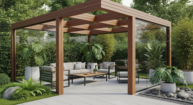 A modern, wooden pergola with glass panels, providing shade and a cozy outdoor seating area in a lush, green garden.