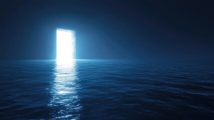 Bright door opening in dark calm ocean water