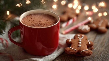 cozy red mug of steaming hot chocolate surrounded by gingerbread cookies and christmas lights