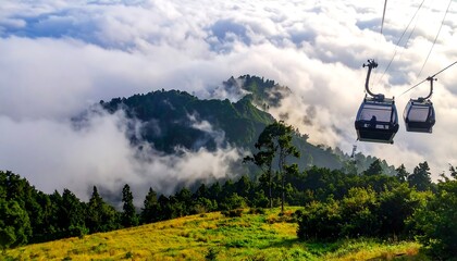 Cable cars gliding above misty forest in mountain landscape
