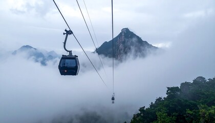 Cable cars moving through dense fog above forest