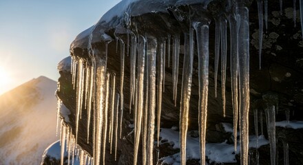 Icicles hanging from a rock formation at sunrise.