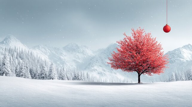beautiful christmas winter landscape with red abstract tree white tree and hanging red ornament ball holiday background for winter - Powered by Adobe