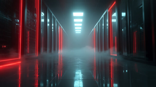 Futuristic Data Center Corridor, Black Server Racks, Glowing Red and Blue Lights, Cinematic Volumetric Fog, High-Tech Interior