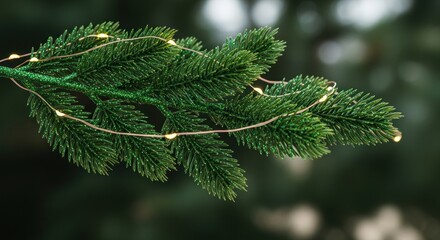 Fototapeta premium A green Christmas tree branch with white lights against a blurred green background.