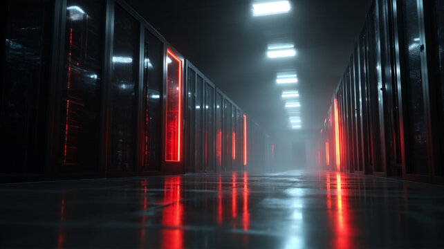 Futuristic Data Center Corridor, Black Server Racks, Glowing Red and Blue Lights, Cinematic Volumetric Fog, High-Tech Interior