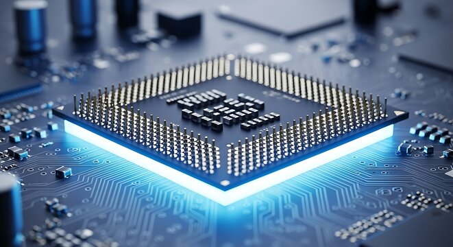 A central processing unit cpu microchip glowing with blue light on a circuit board