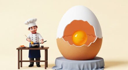 A chef cooking an egg in a large eggshell.
