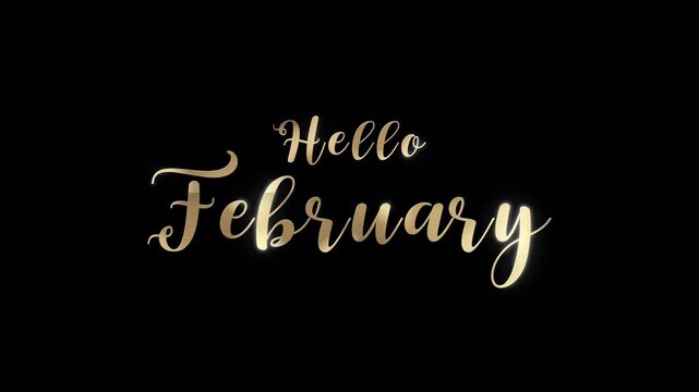 Golden script Hello February typography with glowing highlights displaying on black background. 4K video