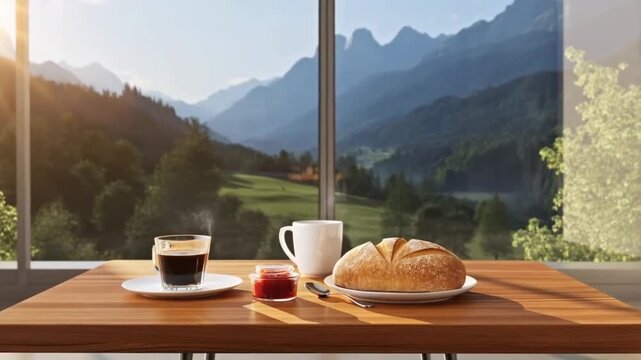 Elegant breakfast setting on a wooden table in front of a panoramic window with a summer view of an alpine valley from a chalet, concept of luxurious mornings with a view