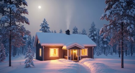 A cozy cabin in the snow with a moon in the sky.