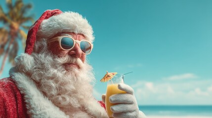 santa claus relaxing on a tropical beach while enjoying a festive drink under the sun on a clear day with copy space for text wide web banner