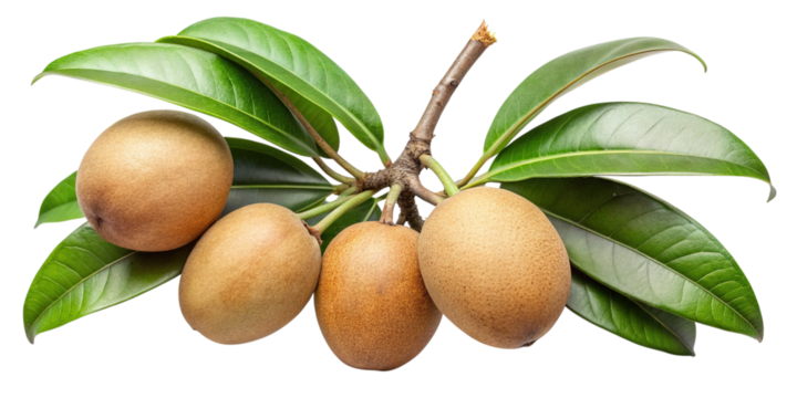 Sapodilla fruits and fresh green leaves on a branch isolated