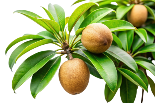 Fresh sapodilla fruit on a tree branch with lush green leaves.