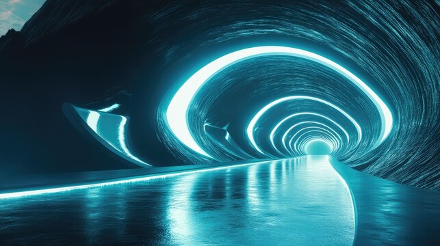 Futuristic curving tunnel path of bright neon light