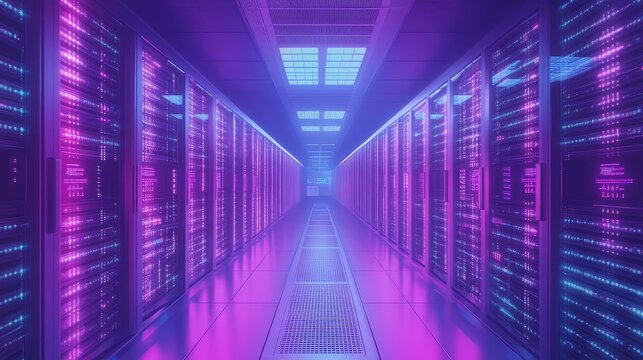Data center corridor with glowing purple servers