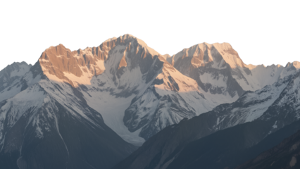 Snow-capped mountain peaks glowing in sunlight, rugged textures highlighted by shadows, a majestic natural landscape under a clear sky. transparent background.