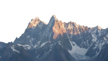 Snow-capped mountain peaks glowing in sunlight, rugged textures highlighted by shadows, a majestic natural landscape under a clear sky. transparent background.