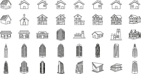 Collection of hand drawn architectural building sketches and icons representing diverse housing and urban structures