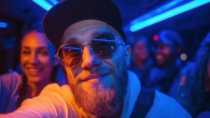 smiling man with beard sunglasses and cap takes selfie on party bus with friends vibrant blue and orange neon lights create energetic joyful atmosphere night celebration