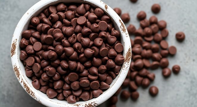 A bowl overflowing with dark chocolate chips, some scattered on a textured gray surface, perfect for baking and desserts