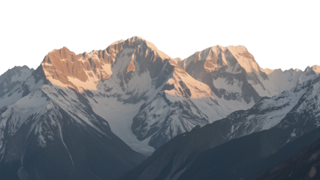 Snow-capped mountain peaks glowing in sunlight, rugged textures highlighted by shadows, a majestic natural landscape under a clear sky. transparent background.