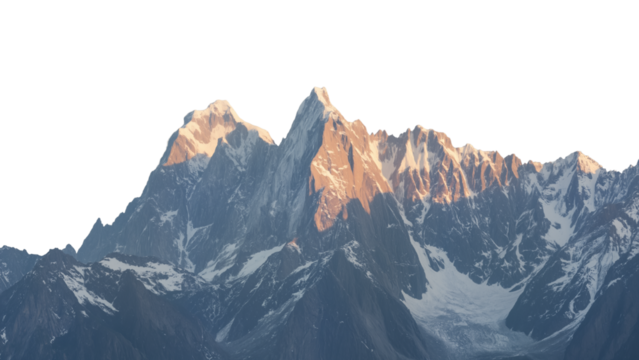 Snow-capped mountain peaks glowing in sunlight, rugged textures highlighted by shadows, a majestic natural landscape under a clear sky. transparent background.