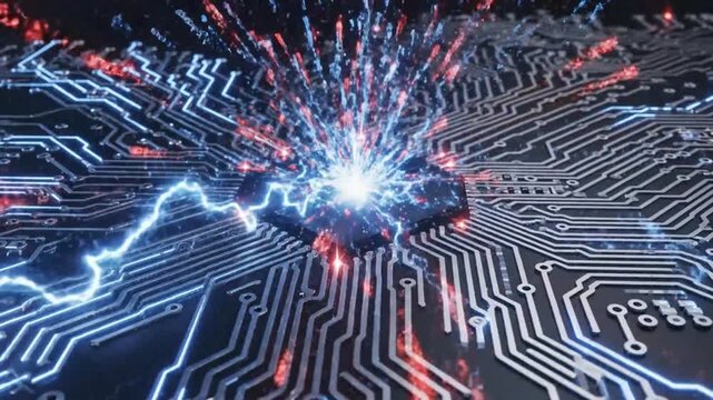 Circuit board explosion Technological firestorm with digital energy