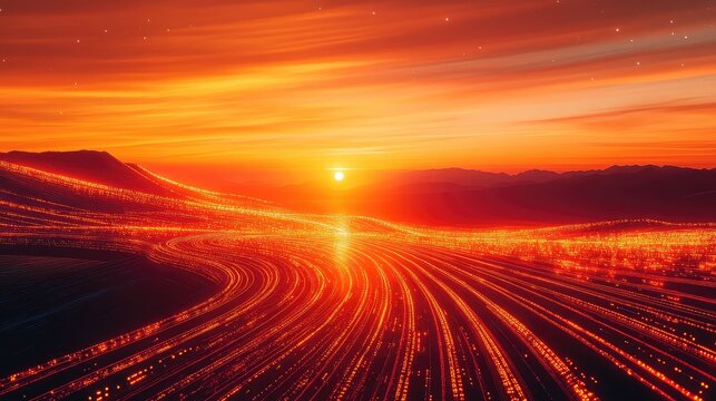 Digital data flowing across landscape at sunset - Powered by Adobe