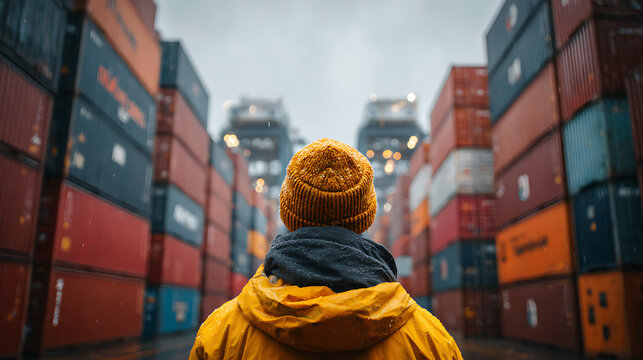 male worker standing near stacked containers in port, highlighting freight logistics, cargo movement, harbor industry, supply chain activity, and outdoor transport operations