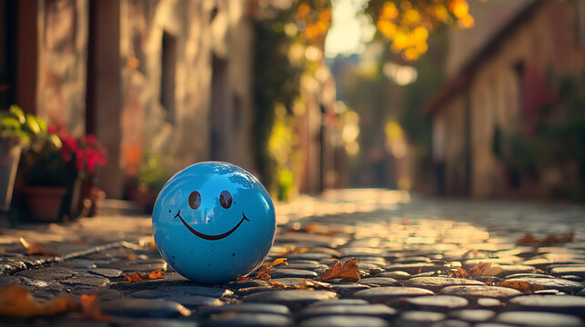 Cheerful smile on blue sphere brings instant joy, perfect for optimistic messages and uplifting themes