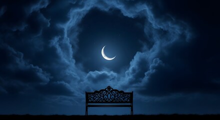 Mystical crescent moon surrounded by ethereal clouds above an ornate bench
