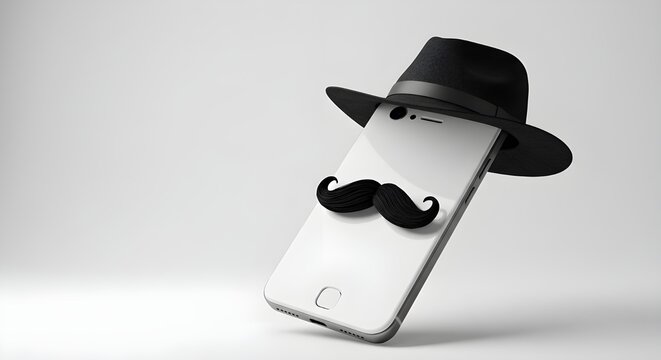 Digital privacy concept: Smartphone wearing detective hat and mustache on white background