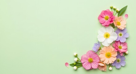 Fototapeta premium Soft pastel floral arrangement on a light green background