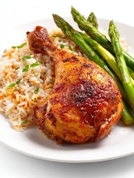 roasted chicken leg with rice and asparagus on white background  no logos no brands ar 34