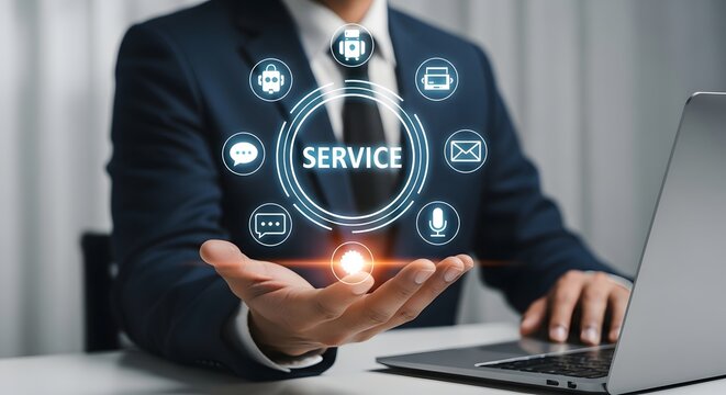 Business professional displaying digital service icons and technology