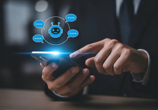 Person interacting with ai chatbot on a smartphone with glowing interface