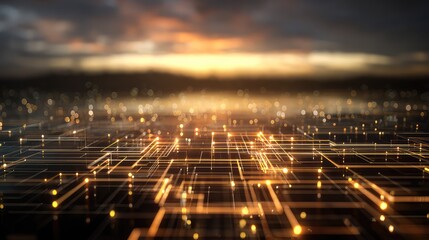 Digital network connections spreading over abstract city landscape