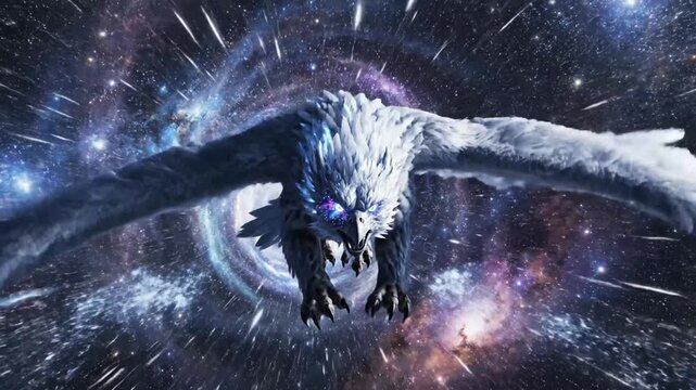 Cosmic griffin soars through swirling galaxies