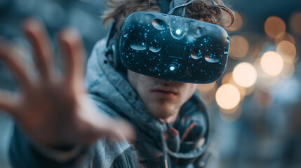 modern man wearing vr headset exploring virtual world immersive experience and advanced digital technology