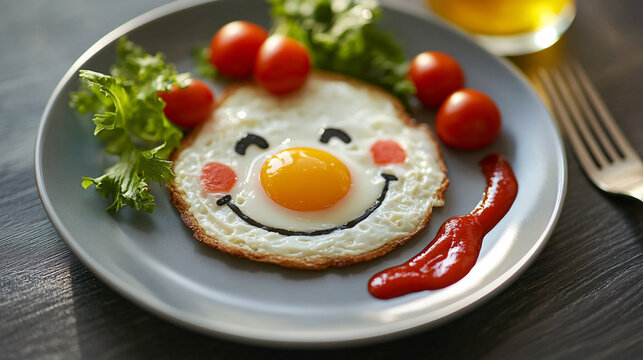 Cheerful sunny-side up egg with a happy face and fresh tomatoes brings joy to breakfast time