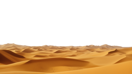 Golden desert dunes under a white sky, rich orange-brown sand forming flowing curves and shadows, a minimalist arid landscape full of texture and rhythm. transparent background.