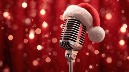 a festive vintage microphone adorned with a santa hat against a red backdrop with twinkling lights evoking a holiday atmosphere for musical performances