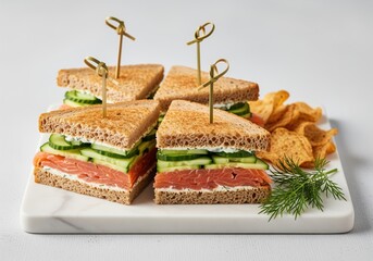Gourmet smoked salmon and cucumber club sandwiches cut into triangles.